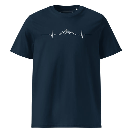 MONTIV Berg T-Shirt "Herzschlag" mit Berg- und EKG-Linien-Print in Navy blau aus Bio-Baumwolle – Frontansicht