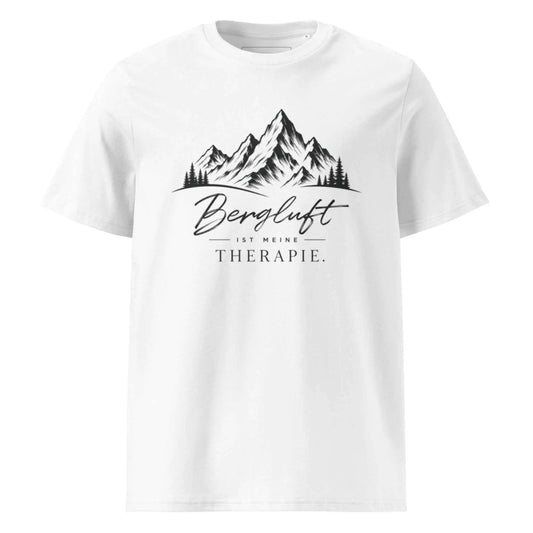 MONTIV Berg T-Shirt "Bergluft ist meine Therapie" mit Berg- und Wald-Design in weiß – Frontansicht