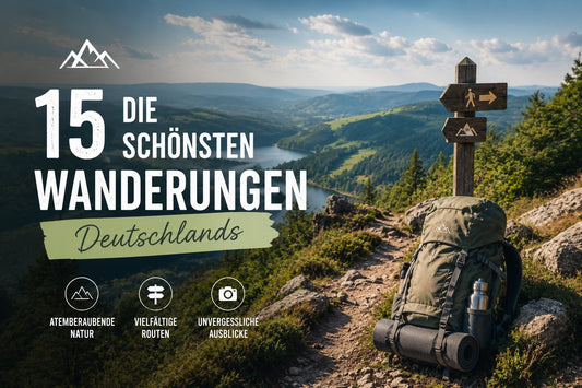 Die 15 schönsten Wanderungen Deutschlands – Panorama einer Berglandschaft mit Wanderweg und Rucksack