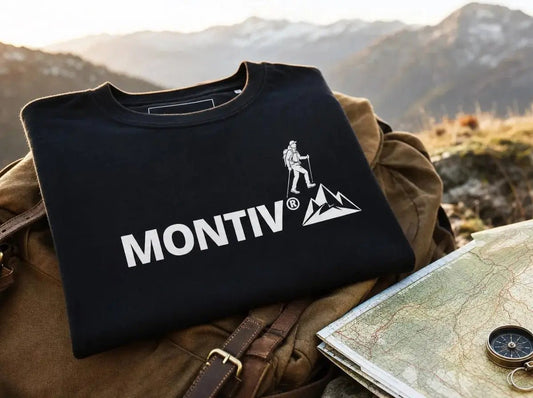 Gefaltetes MONTIV Wandershirt liegt mit Wanderkarte auf einem Stein vor einer Berglandschaft in den Alpen