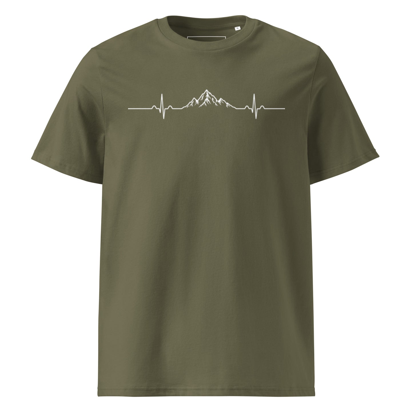 MONTIV Berg T-Shirt "Herzschlag" mit Berg- und EKG-Linien-Print in Khaki aus Bio-Baumwolle – Frontansicht
