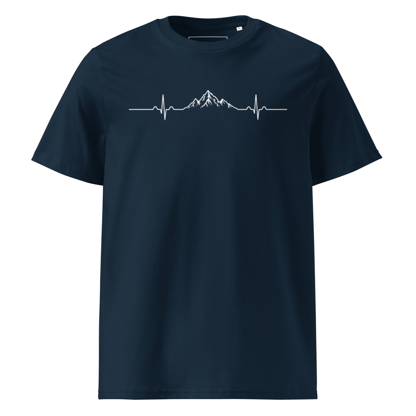 MONTIV Berg T-Shirt "Herzschlag" mit Berg- und EKG-Linien-Print in Navy blau aus Bio-Baumwolle – Frontansicht