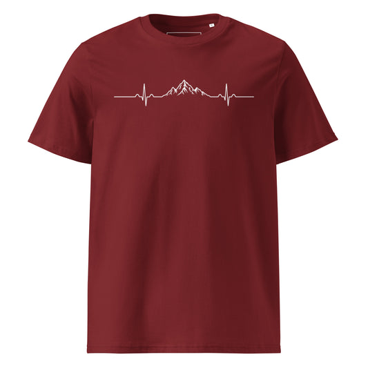 MONTIV Berg T-Shirt "Herzschlag" mit Berg- und EKG-Linien-Print in Weinrot aus Bio-Baumwolle – Frontansicht