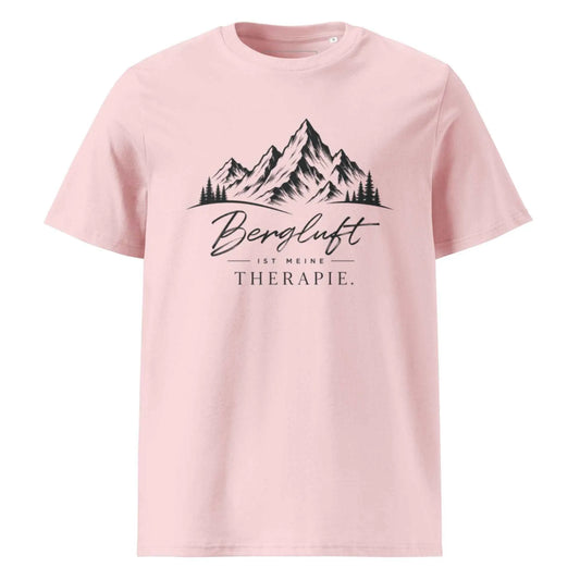 MONTIV Berg T-Shirt "Bergluft ist meine Therapie" mit Berg- und Wald-Design in Rosa – Frontansicht