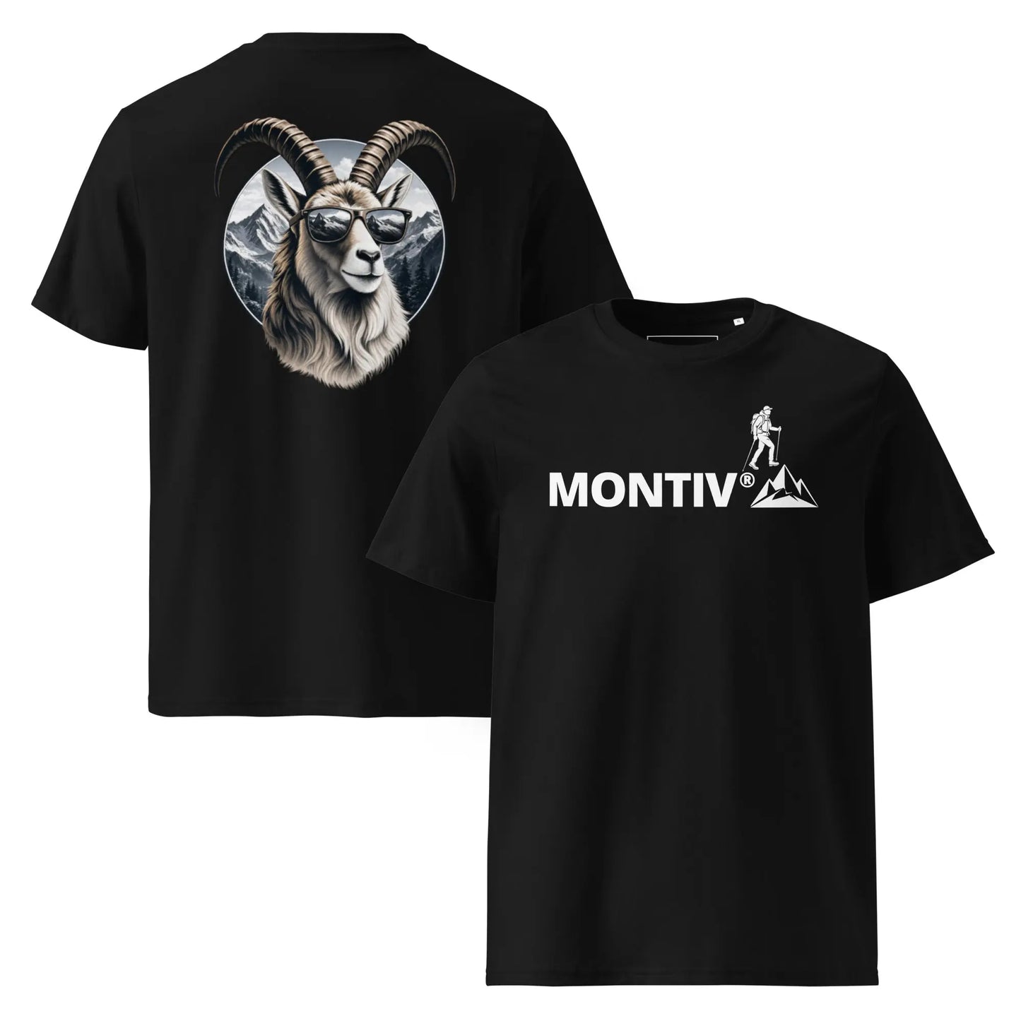 MONTIV Marken T-Shirt in Schwarz mit Bergziege auf der Rückansicht und Wandermotiv auf der Frontansicht