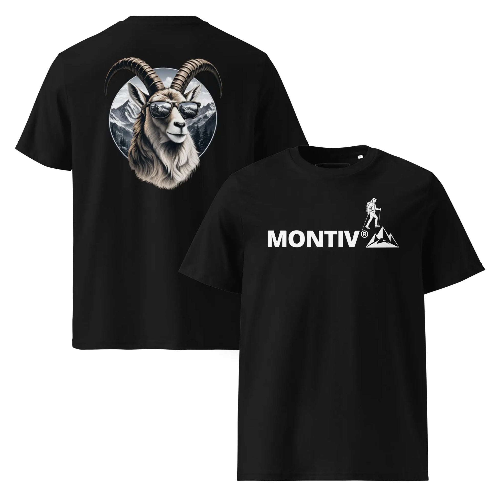 MONTIV Marken T-Shirt in Schwarz mit Bergziege auf der Rückansicht und Wandermotiv auf der Frontansicht