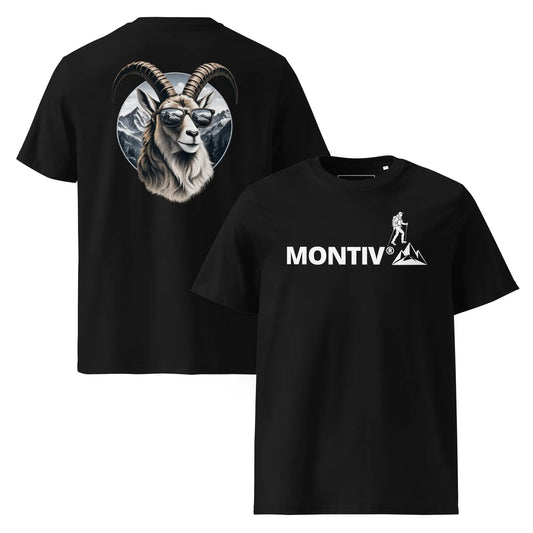 MONTIV Marken T-Shirt in Schwarz mit Bergziege auf der Rückansicht und Wandermotiv auf der Frontansicht