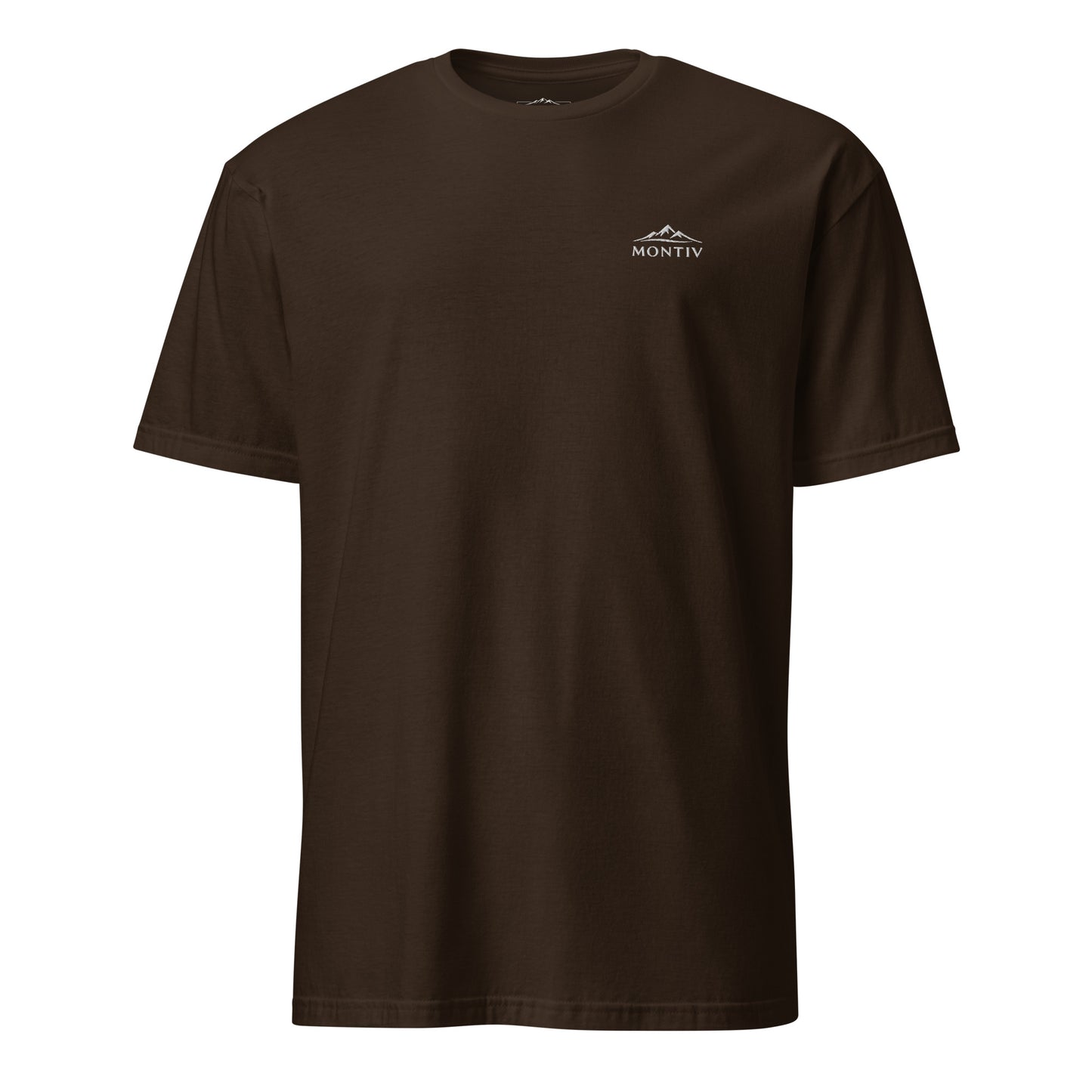 Vorderseite vom MONTIV Berg T-Shirt Essential in Braun mit dezenter Stickerei