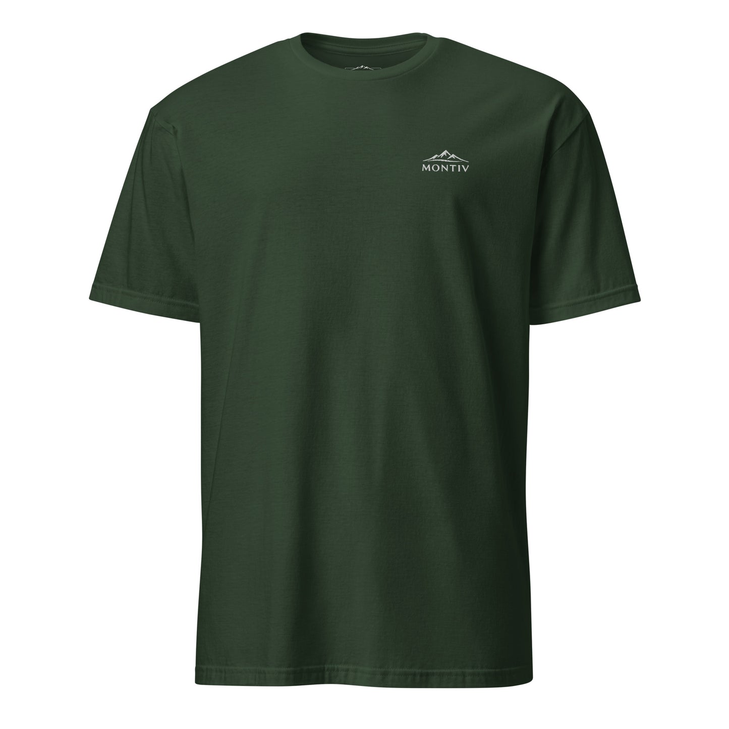 Vorderseite vom MONTIV Berg T-Shirt Essential in Forest Green mit dezenter Stickerei