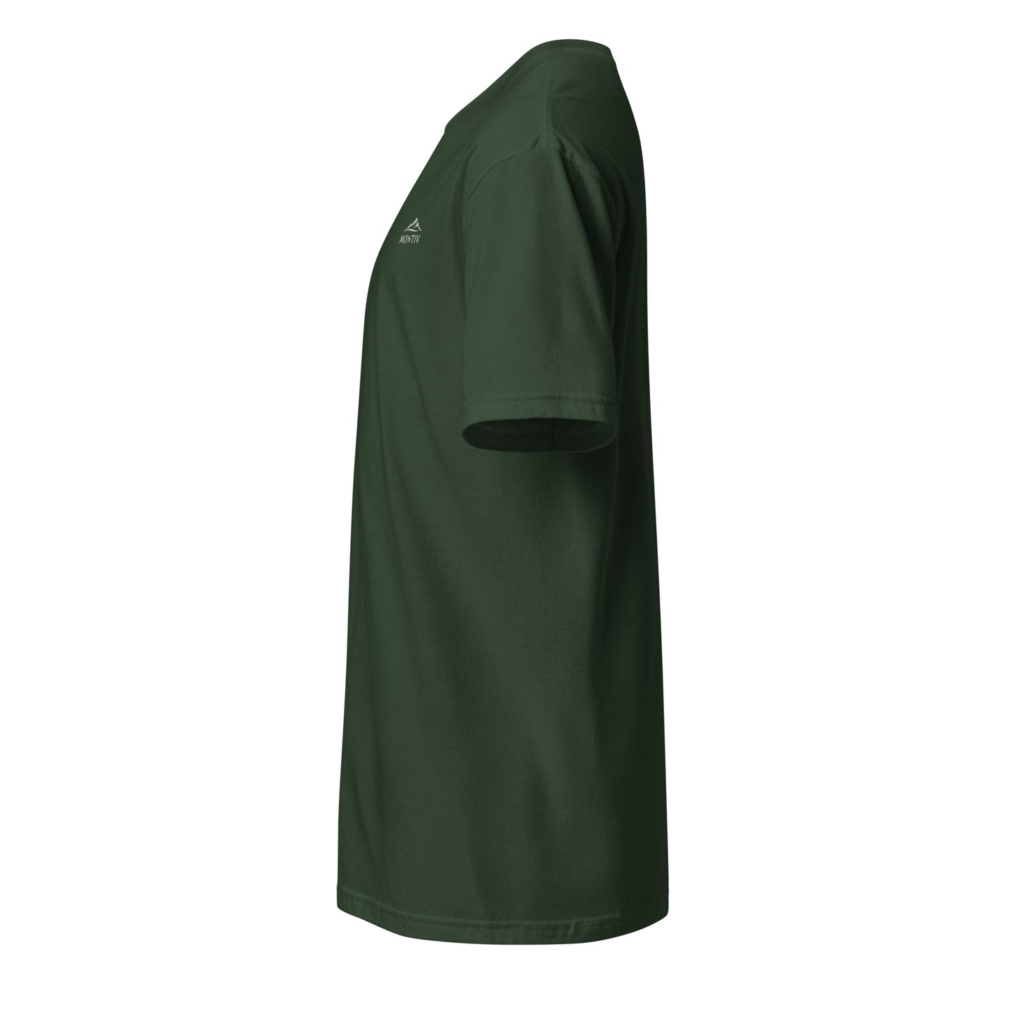 Seitenansicht vom waldgrünen MONTIV Berg T-Shirt Essential aus hochwertiger Baumwolle