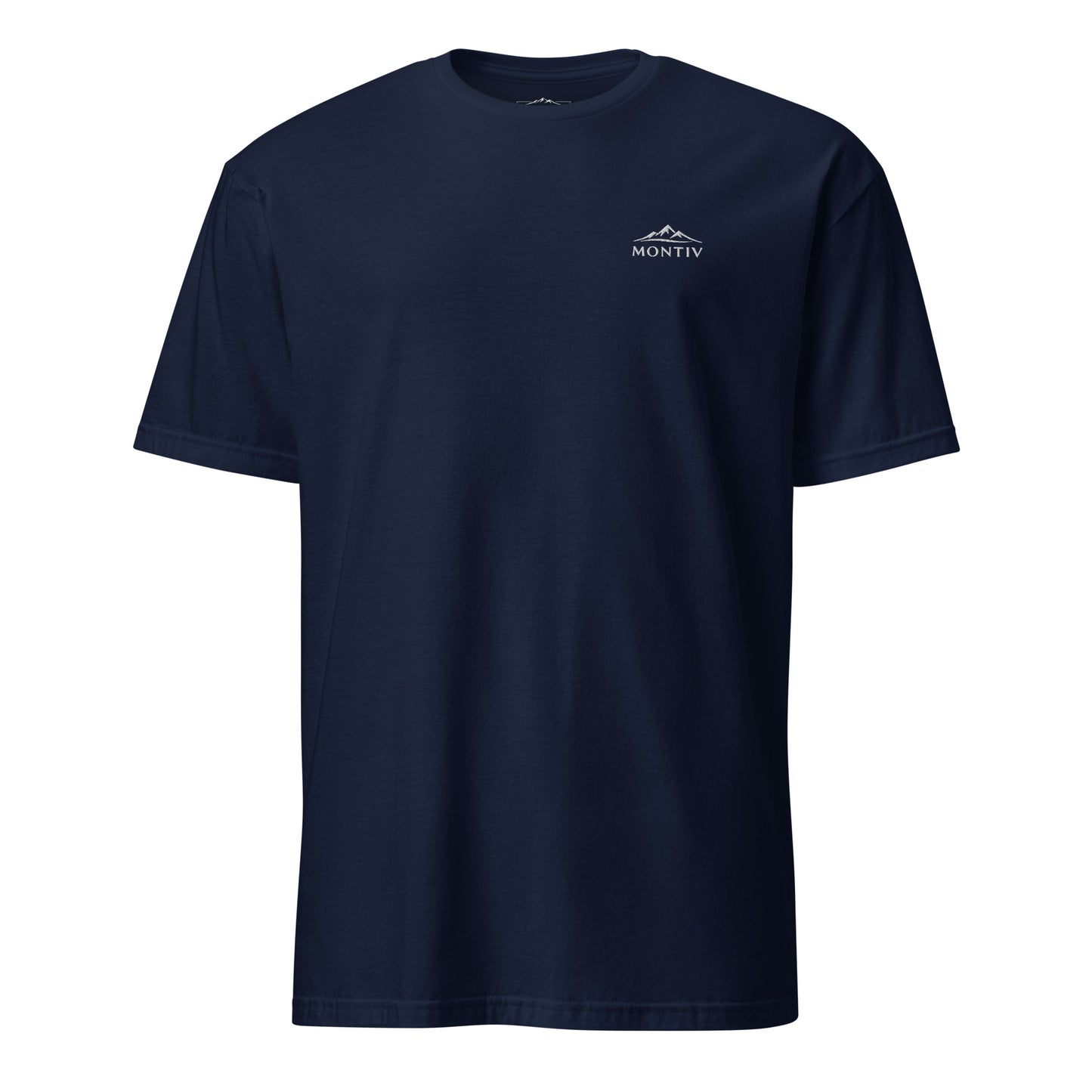 Vorderseite vom MONTIV Berg T-Shirt Essential in Navy Blau mit dezenter Stickerei