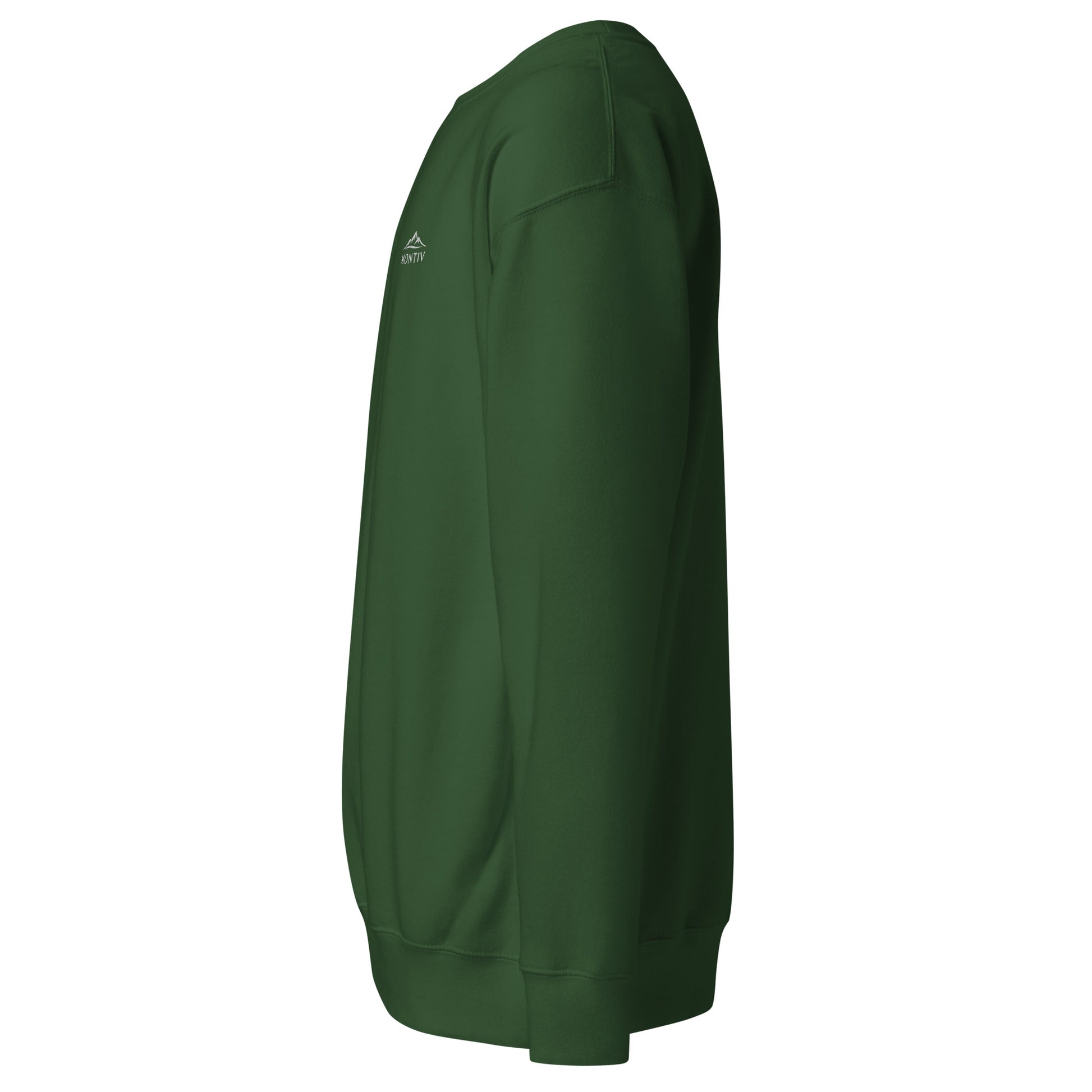 Seitliche Ansicht des grünen MONTIV Sweaters zur Veranschaulichung der Passform und Materialstruktur.