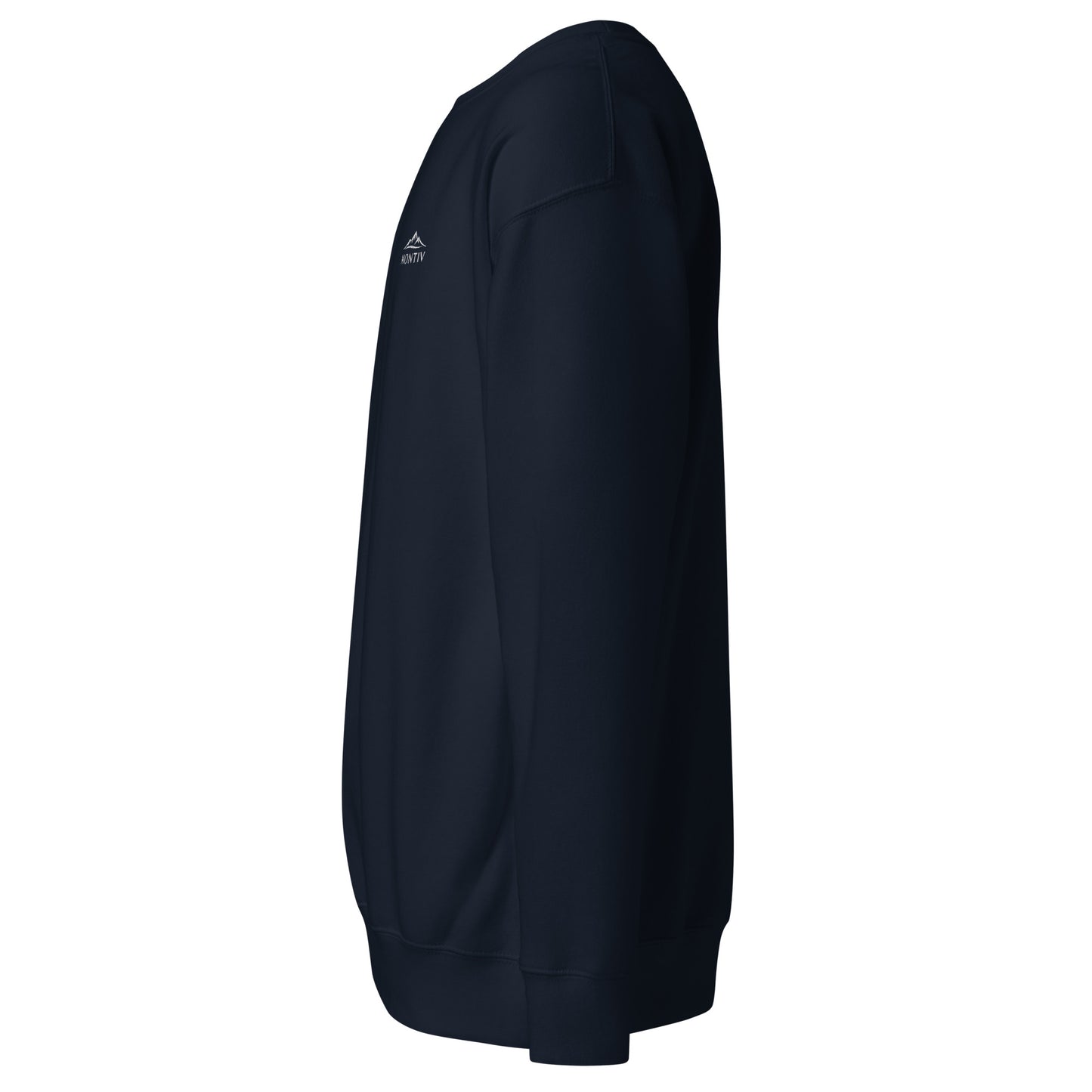 Seitliche Ansicht des blauen MONTIV Sweaters zur Veranschaulichung der Passform und Materialstruktur.