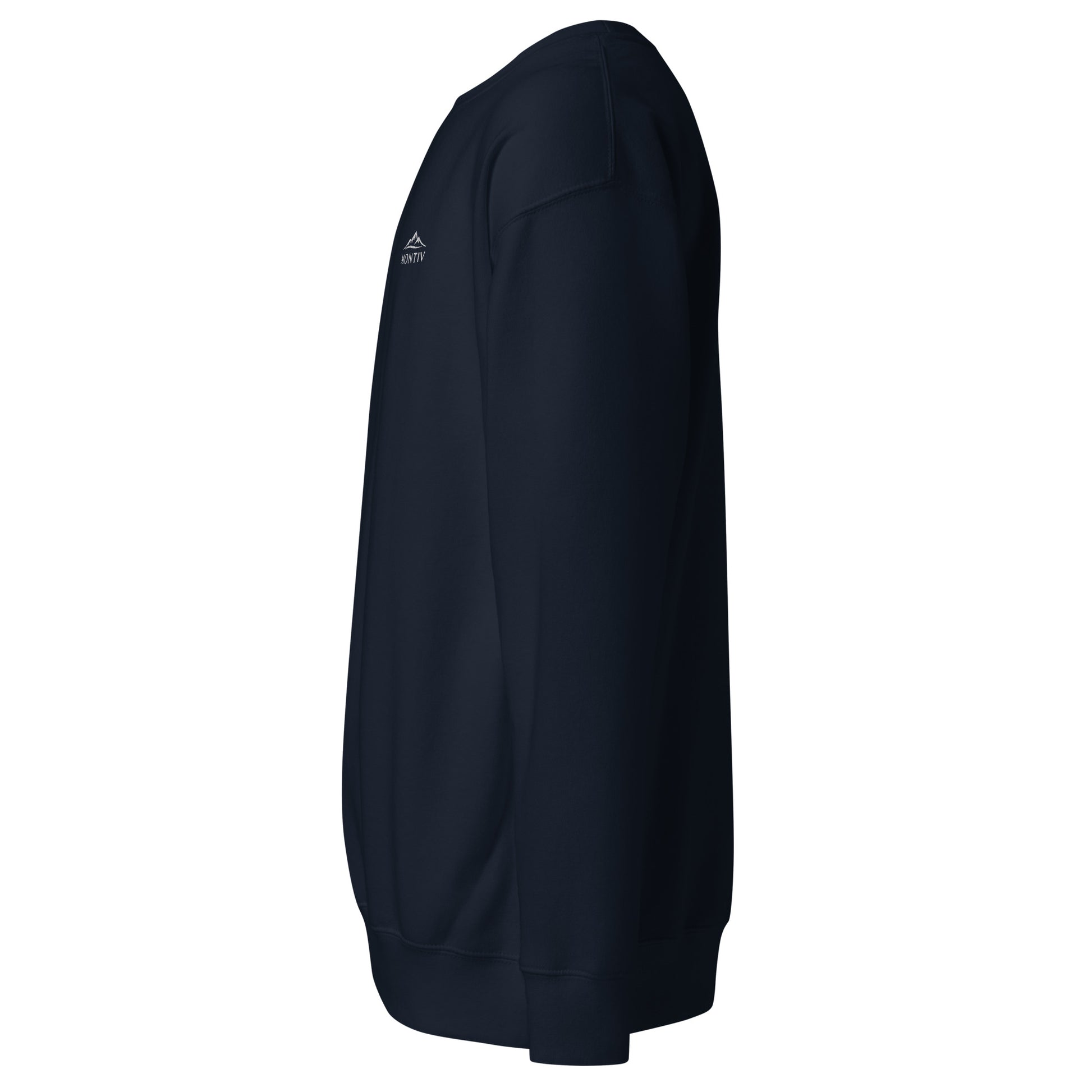 Seitliche Ansicht des blauen MONTIV Sweaters zur Veranschaulichung der Passform und Materialstruktur.