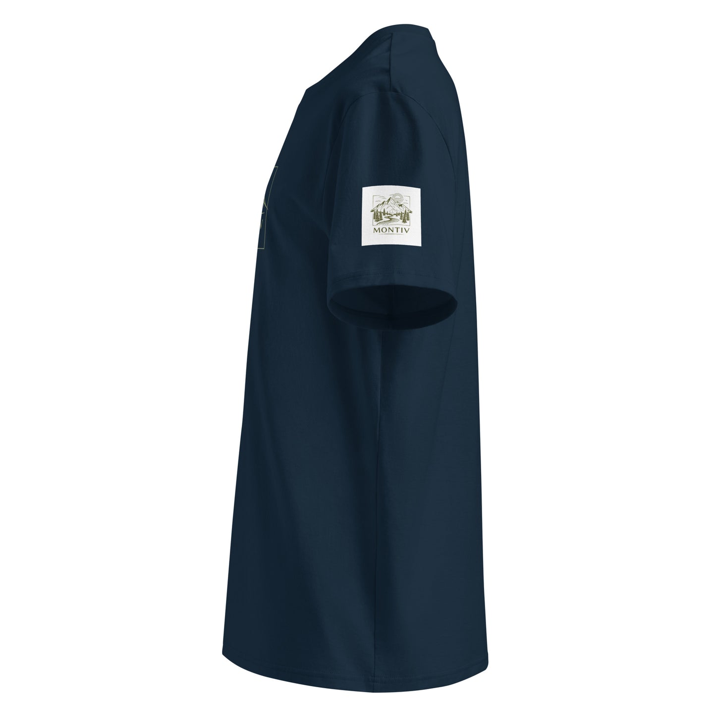 Seitliche Ansicht des navy-blauen Premium Organic T-Shirts zur Veranschaulichung der Passform.