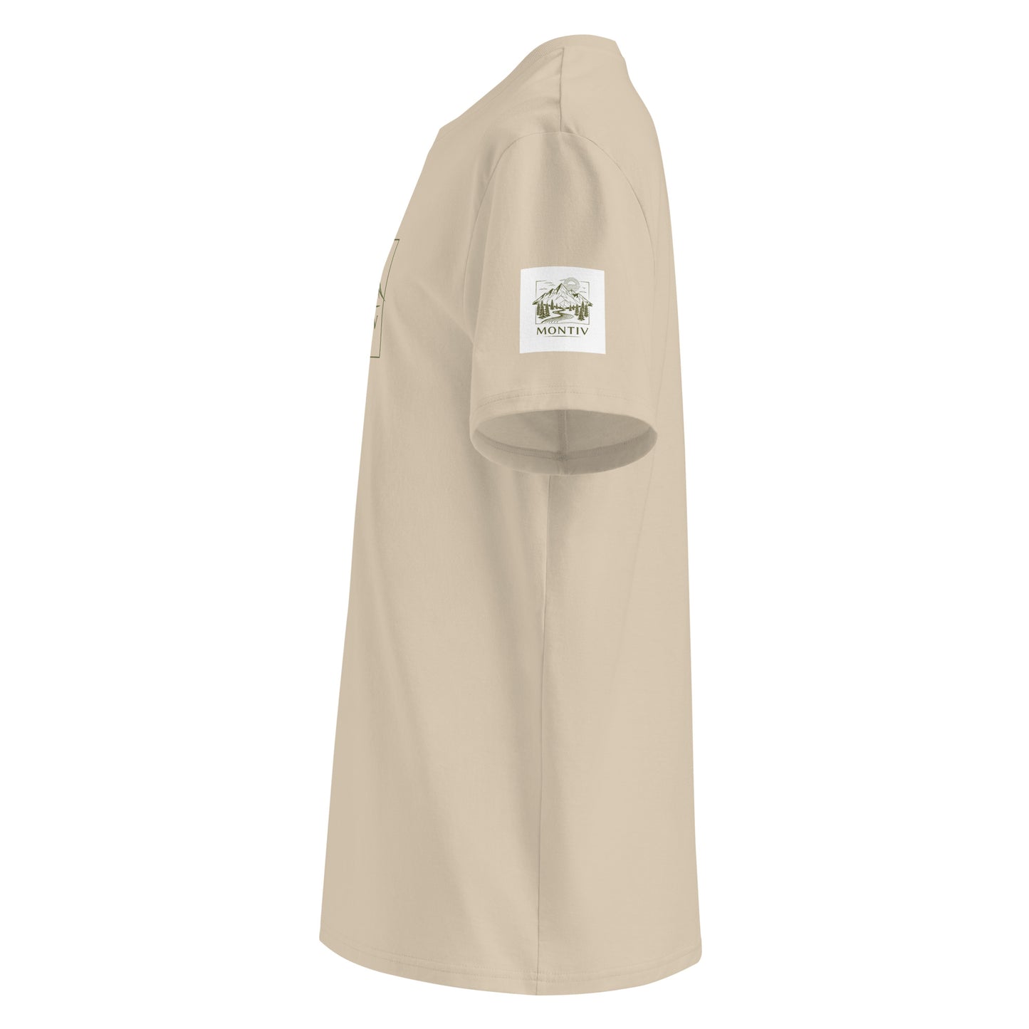 Seitliche Ansicht des sandfarbenen Premium Organic T-Shirts zur Veranschaulichung der Passform.
