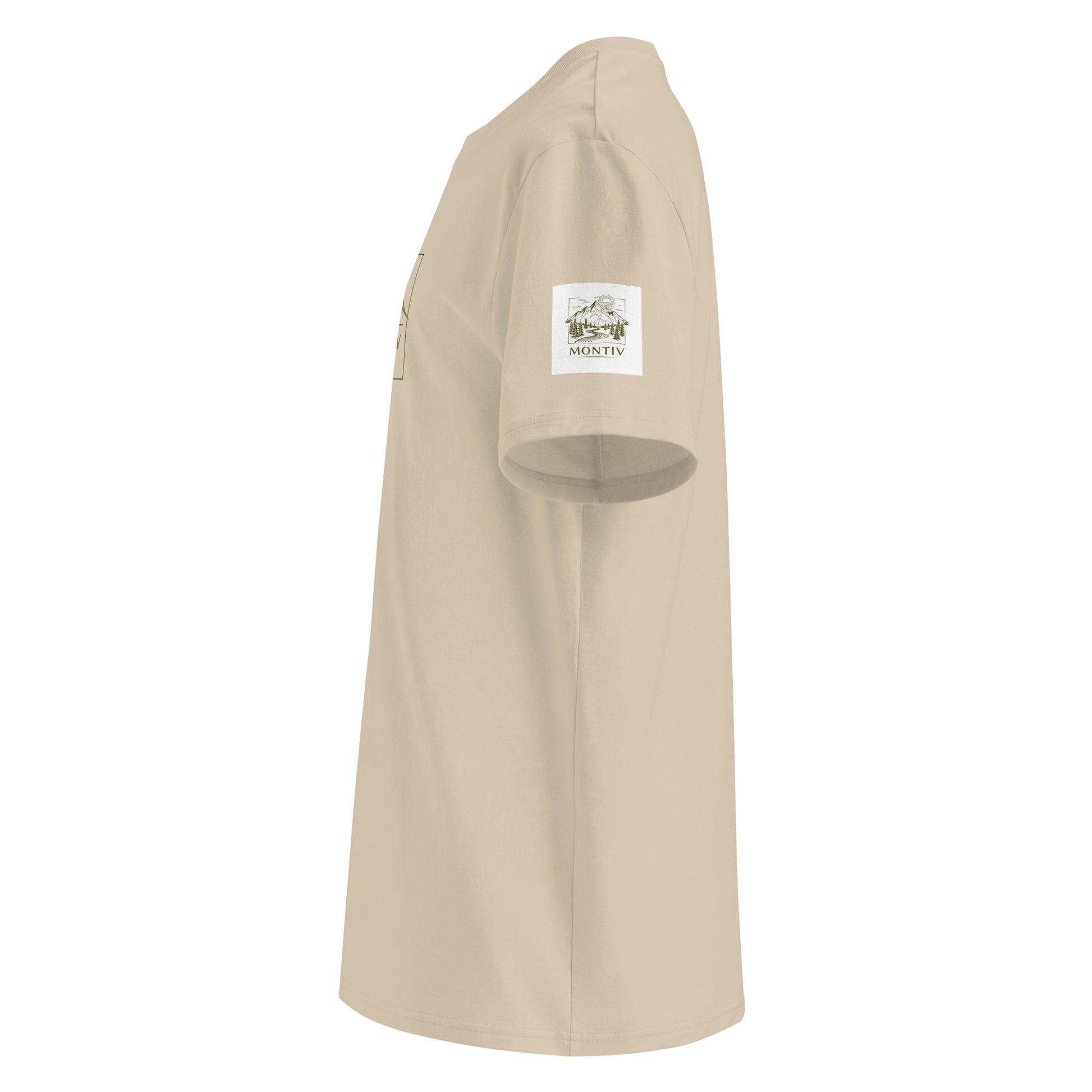 Seitliche Ansicht des sandfarbenen Premium Organic T-Shirts zur Veranschaulichung der Passform.