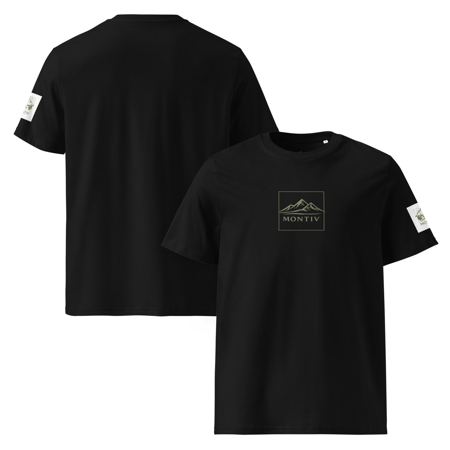 Schwarzes Premium Organic T-Shirt von MONTIV in der kombinierten Vorder- und Rückansicht mit gerahmtem Berg-Logo und Ärmel-Patch.