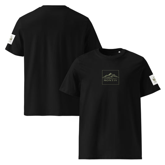 Schwarzes Premium Organic T-Shirt von MONTIV in der kombinierten Vorder- und Rückansicht mit gerahmtem Berg-Logo und Ärmel-Patch.